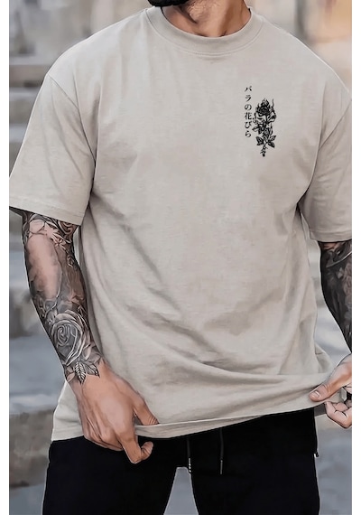 Genius Store Erkek Tişört Pamuklu Kumaş Sırt Baskılı Tişört Sokak Modası Rahat Kalıp T-shirt Japon-gri