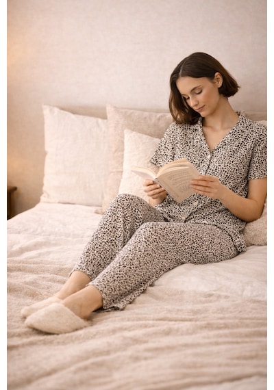 Nisanca Vizon Leopar Desenli Kısa Kollu Yazlık Pijama Takımı Leopar