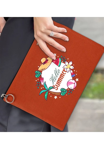 Bk Gift Yaz Temalı-4 Astarlı Kiremit Portföy Çanta 30x21cm, Baskılı El Çantası, Organizer Çanta Çok Renkli