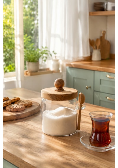 Porsima Lm-0057 Bambu Kapaklı Bambu Kaşıklı Cam Şekerlik Sunumluk Bal Ve Reçel Kavanozu Saklama Kabı 450ml Cam - Şeffaf