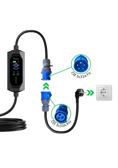 Elektrikli Araba Taşınabilir Şarj Istasyonu 7 Kw / 32a / Tip-2 / 3x32a Fiş / Monofaze / 5m / Çantalı / Ev Tipi Dönüştürücü Kablolu Türkçe Menü Yerli Üretim 3,7 - 7,4 Kw