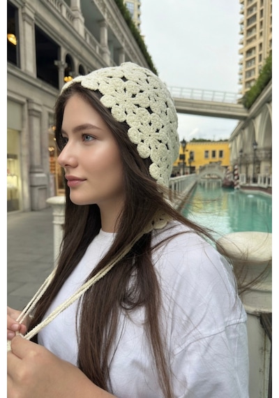 Mollycrush Krem Çiçek Motifli Örgü Hair Band Bağcıklı Yazlık Kadın Başlık Krem