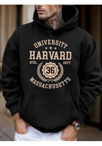 Startmore Tarzsokak Üniversite Harvard Massachusetts Baskı Sonbahar Yumuşak Kapüşonlu Üst Erkek Polar Gevşek Kaza Siyah