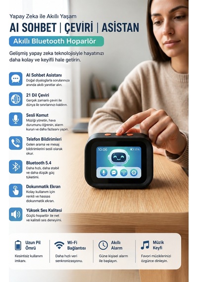 Yapay Zeka Sesli Asistan Akıllı Bluetooth Hoparlör AI Sohbet 21 Dil Çeviri Dokunmatik Ekran Dijital Masa Saati Bluetooth 5.4