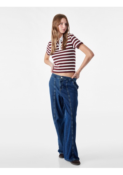 Koton Regular Fit Kısa Kollu Düğmeli Modal Karışımlı Polo Yaka Çizgili Tişört Bordo Çizgili 7wal10185ık