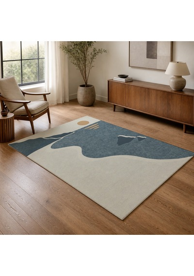 Kartela Halı Kıyı Deniz Manzaralı Modern Halı Mavi Kaymaz Taban Makinede Yıkanabilir 80x120 Cm