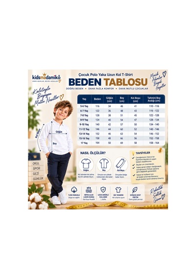 Kidsmadamiko Kız Çocuk Kız Çocuk Polo Yaka T-shirt Uzun Kollu Manşetli %100 Beyaz