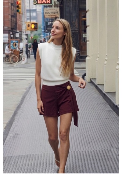 Feg Store Kadın Bordo Gold Tokalı Bağlamalı Tencel Şort