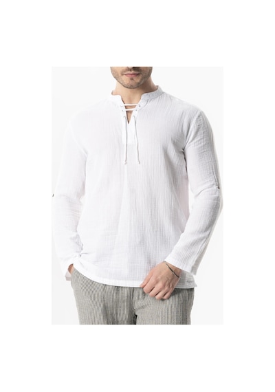 Uzun Kol Doruk V Yaka Bağcıklı Müslin Erkek Yazlık Tshirt Beyaz Byz Beyaz