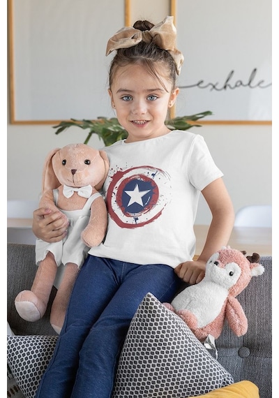 Sevbano Tasarım Kaptan Amerika Baskılı Unisex Avengers Film Çocuk Tişört Beyaz