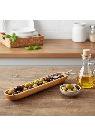 35cm Bambu Zeytinlik Doğal Ahşap Oval Uzun Servis Tabağı Meze Sunumu, Çerezlik, Atıştırmalı