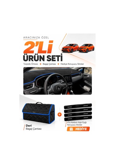 Renault Clıo 5 2019-2026 Uyumlu Torpido Örtüsü + Deri Bagaj Çantası + Sticker Seti - Siyah Mavi