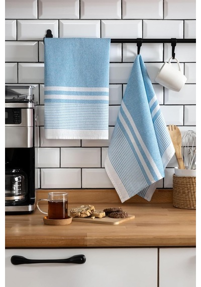 2'li Mutfak Kurulama Bezi,%100 Pamuk Yüksek Su Emici, Beslenme Örtüsü, Çok Amaçlı Servis Peçetesi 45x60cm Mavi Genel