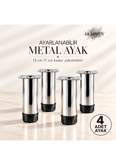 4 Adet Metal Ayarlanabilir 15 Cm Krom Destek Ayağı Mobilya Kanepe Baza Koltuk Dolap Sehpa Tv Ünitesi Ayağı