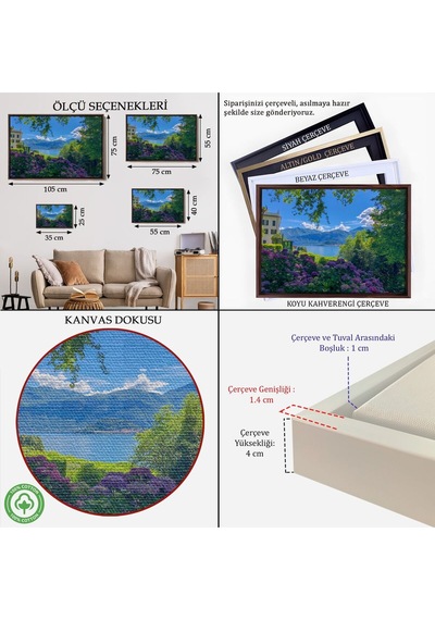 Çerçeveli Mor Çiçekler Arasındaki Göl Manzaralı Ev Duvar Tablosu-3673