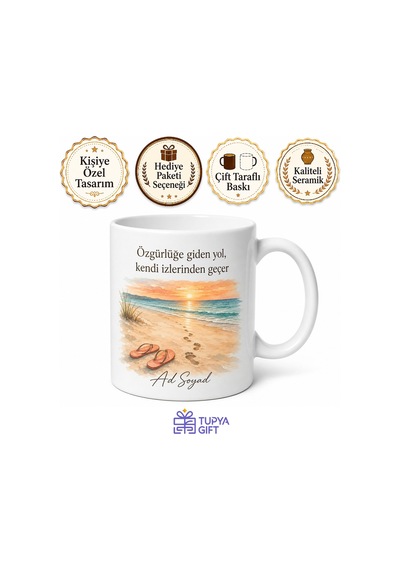 Terlik Kumsalda Ayak İzi Çizimli Tatil Temalı Baskılı Porselen Kupa Bardak Hediye Beyaz / Çok Renkli