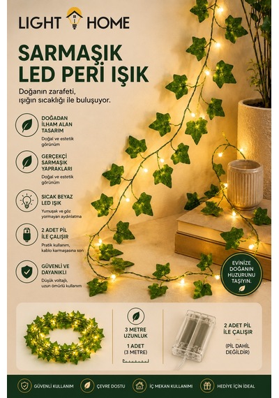 3 Metre 30 Led Li Yapay Sarmaşık Peri Işık Balkon, Bahçe, Oda Ve Duvar Dekoru Sarı