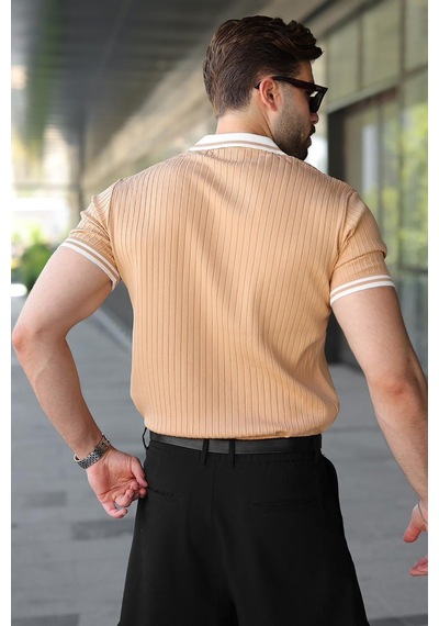 Madmext Gold Yarım Fermuarlı Polo Yaka Triko Erkek Tişört E7501 Altın