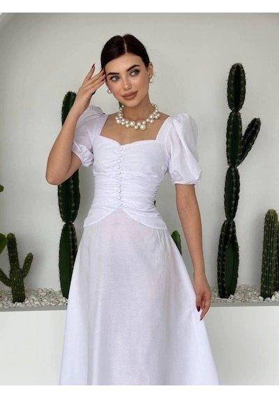Defymoda Kare Yaka Düğmeli Elbise Beyaz