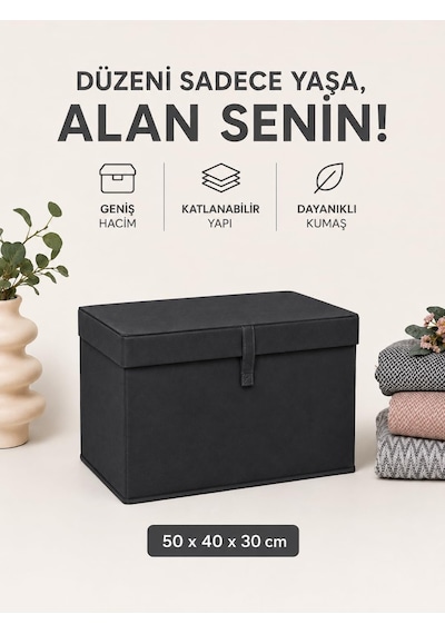 Çok Amaçlı Saklama Kutusu Düzenleyici Kapaklı Sandık Tipi Kutu Hurç Organizer 3 Lü Set Antrasit, Maxi 50x40x30 Diğer