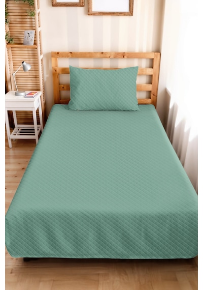 Mint Minimal Genç Odası Tek Kişilik Pike Takımı - Kapitone Düz Turkuaz 160x220 Cm Yatak Örtüsü Pamuksu Kabuğu Perdesi