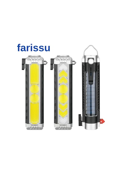 Çok Fonksiyonlu Oto Acil Durum El Feneri - Cob Led, Güneş Enerjili, Cam Kırıcı & Kemer Kesici Siyah