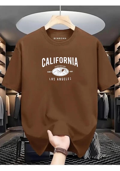 Calıfornıa Los Angeles Baskılı Oversize Tişört Kahverengi
