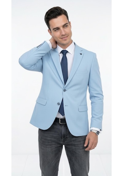 Plus Scorpion Ck 142 Slim Fit Mikro Desenli Erkek Ceket Yazlık Pike Kumaş Çift Yırtmaç Blazer Mavi