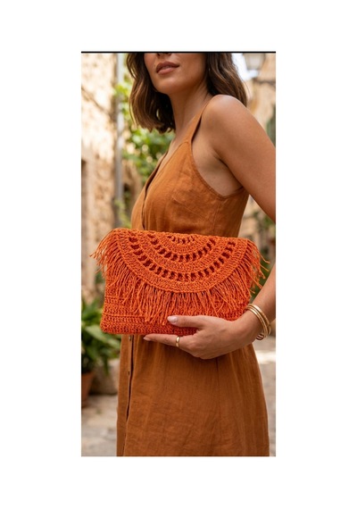 Trakyatrend Crunch Çanta El Yapımı Hasır Kağıt İp Püsküllü Clutch Turuncu