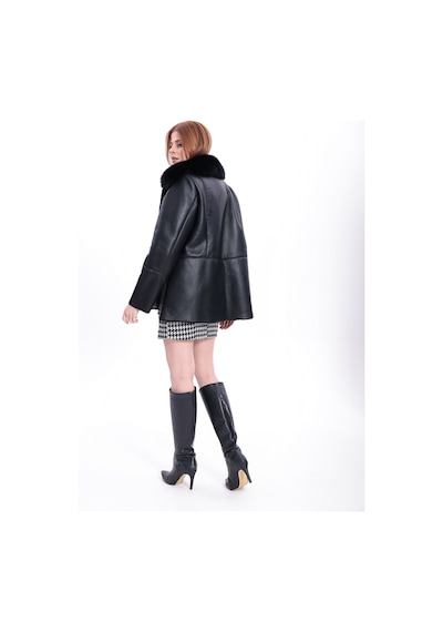M M Marki Marki Hakiki Deri Kadın Mont Siyah İçi Kürklü Fermuarlı Regular Fit 67 Cm Kürklü Yaka - 119722