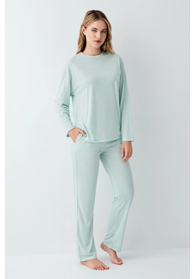 3407-s Kadın Uzun Kol Pijama Takım Açık Yeşil