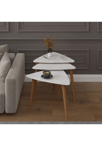 Asra Trend 3'lü Üçgen Zigon Sehpa Takımı SEHPA02 %100 MDF Ahşap Ayaklı Retro Taş