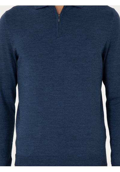 Cacharel İndigo Regular Fit Yün Karışımlı Fermuarlı Polo Yaka Basic Triko Kazak Mavi
