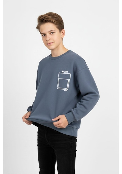 Baskı Detaylı Bisiklet Yaka Erkek Çocuk Sweatshirt-90911 İndigo