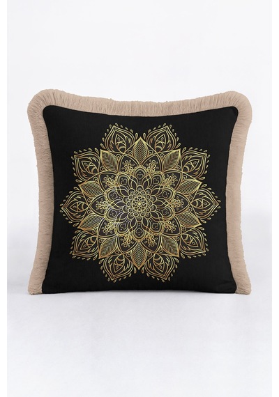 Mandala Motifli Saçaklı Yastık Kılıfı - Lüks Bohem Siyah Altın Renkli Püsküllü Kırlent Kılıfı Yosunlu Koyu Gri Mandala Motifli Saçaklı Yastık Kılıfı - Lüks Bohem Siyah Altın Renkli Püsküllü Kırlent Kılıfı Yosunlu Koyu Gri