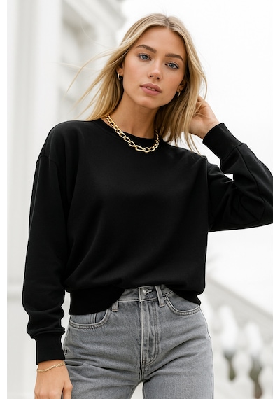 Kadın Siyah Pamuklu İnterlock Oversize Sweatshirt Siyah