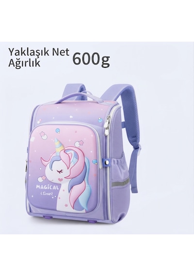Unicorn 3D Desenli Kız Çocuk Kreş ve Anaokulu Okul Çantası Mor Açık Pembe