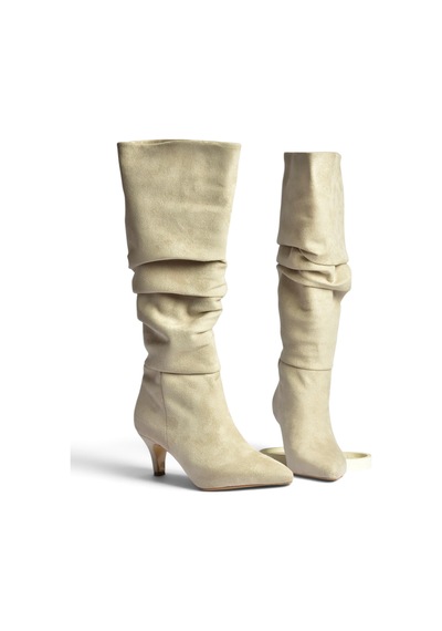 Fox Shoes Z965170402 Bej Süet İnce Topuklu Büzgülü Kadın Çizme