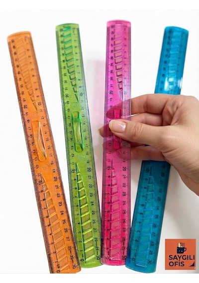 Saygılıofis Renkli Plastik Tutmalı Cetvel 30 Cm Ergonomik Şeffaf Çizim Cetveli Karışık Renkler 1 Adet Çok Renkli