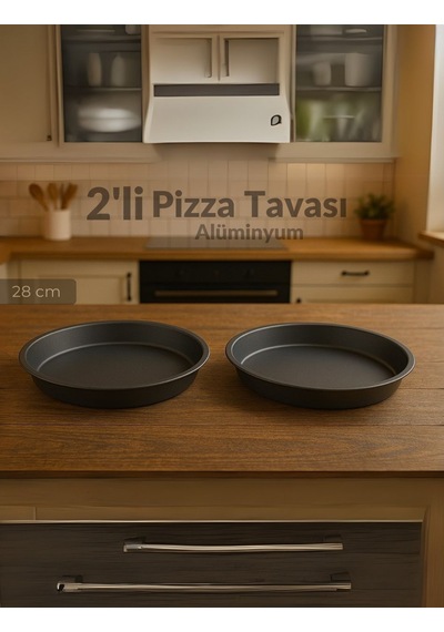 Jet's Home 2'li Pizza Tavası Seti Alüminyum Pizza Tepsisi Yapışmaz Lahmacun Pide Tavası 28 Cm siyah