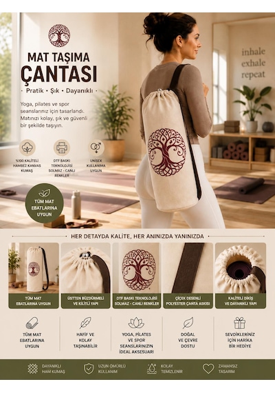 Yoga Mat Taşıma Çantası Hayat Ağacı Lotus Namaste Desenli Hambez Kanvas 70x21 Cm Kahverengi