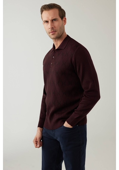 Erkek Koyu Bordo Regular Fit Desenli Yünlü Polo Yaka Triko