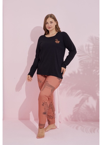 Siyah İnci Pamuklu Curve Büyük Beden Battal Boy Örme Pijama Takım24240734 Siyah