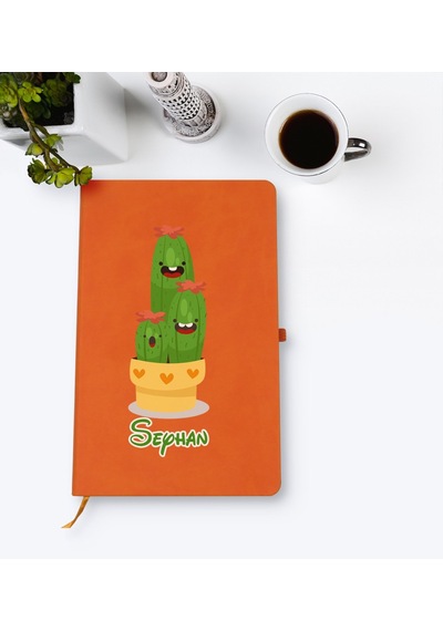 Kişiye Özel Kaktüs Tasarımlı Turuncu Termo Deri Defter Model 9
