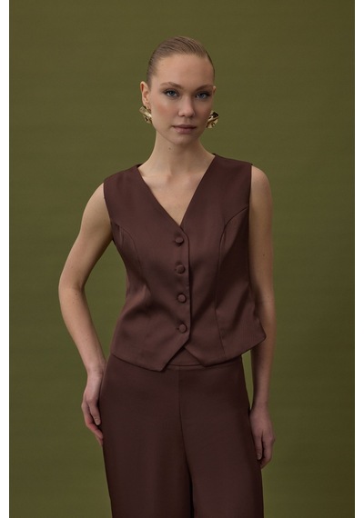 Sateen Klasik Düz Yelek - Kahve-137028 Kahve