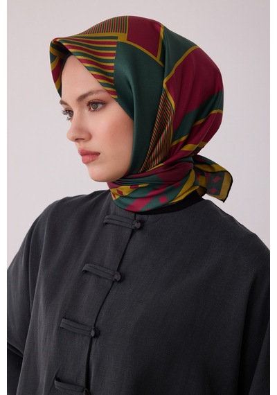 Belli Geometrik Desen %100 Twill İpek Eşarp Be01 Yeşil