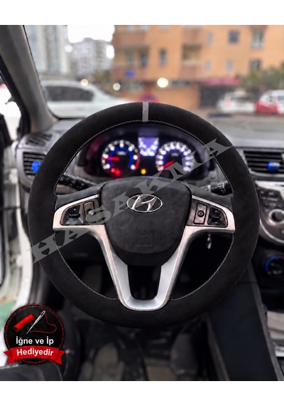 Hyundai Accent Blue Dikme Direksiyon Kılıfı Full Alcantara Süet Gri Yüzük Ve Gri Dikiş 2011-2019 Siyah