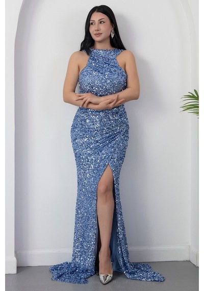 Kalopya Halter Yaka Yırtmaçlı Pulpayet Elbise Ecr5482 Mavi