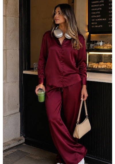 Madmext Bordo Saten Gömlek Pantolon Takım Mg2745