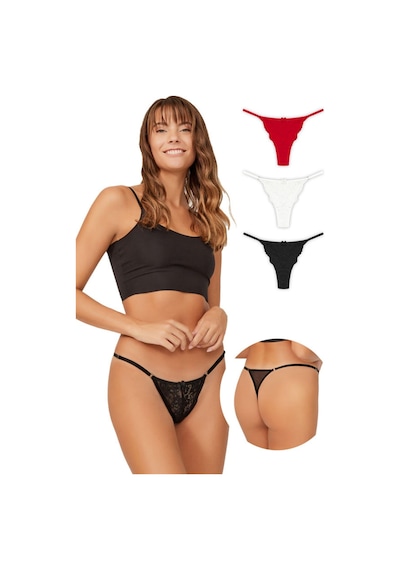 Cottonhill Önü Dantelli Tül Detaylı Kadın Tanga 3'lü Paket Külot - 2 Renkli-2 Çok Renkli